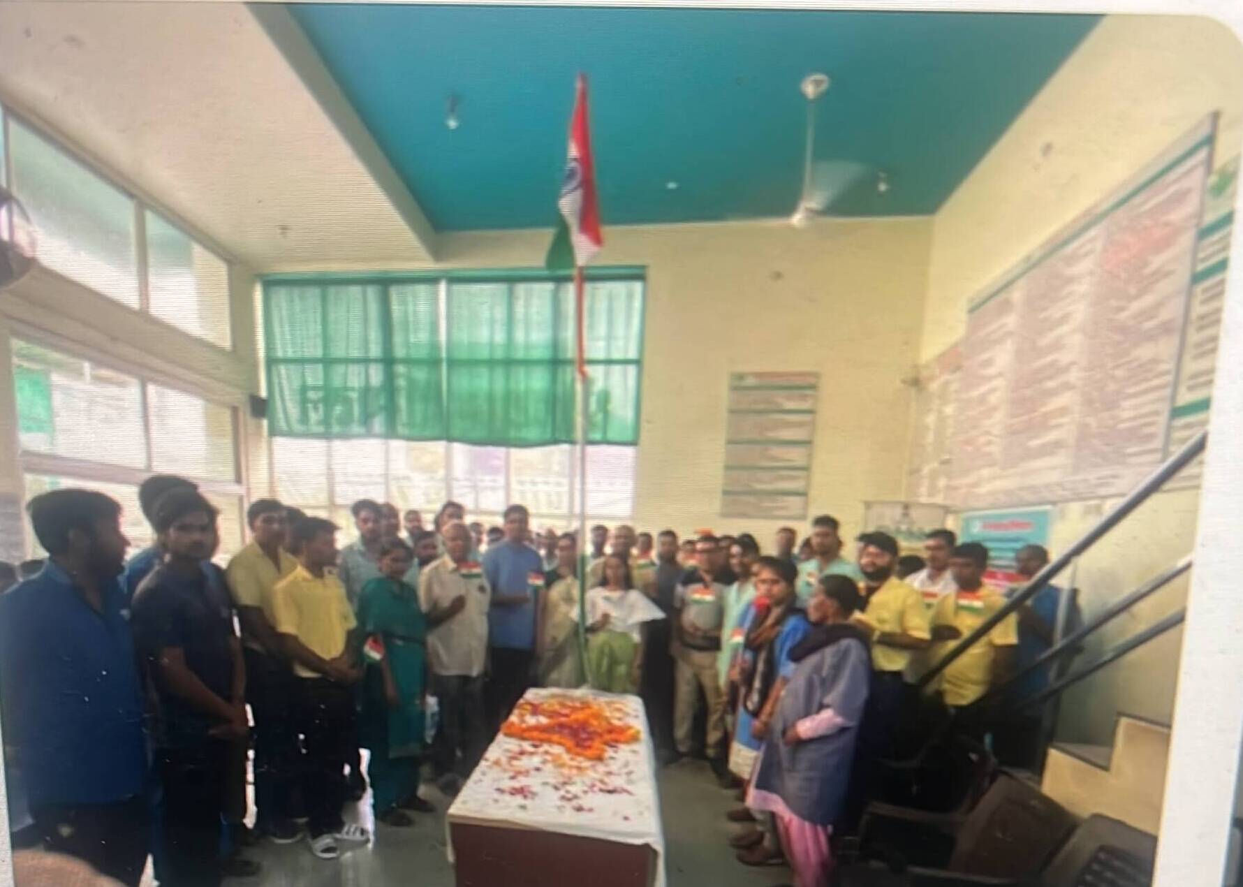 Staff at the national flag hoisting celebration at Shri Shyam Hospital Kotputli